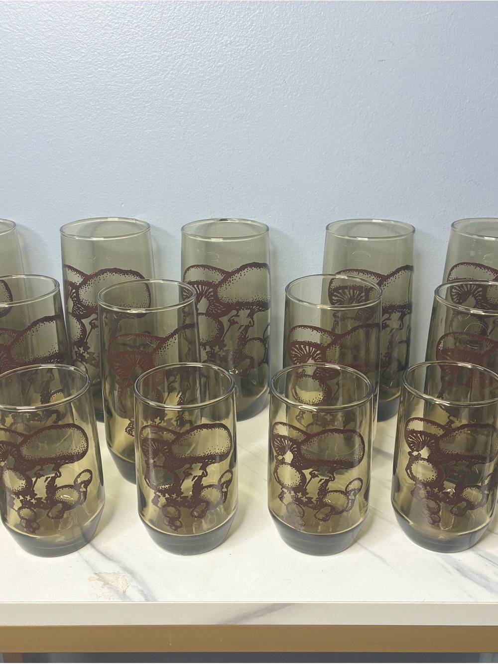 Vintage Anchor Hocking Mushroom Glass Set 15 Amber Tumblers